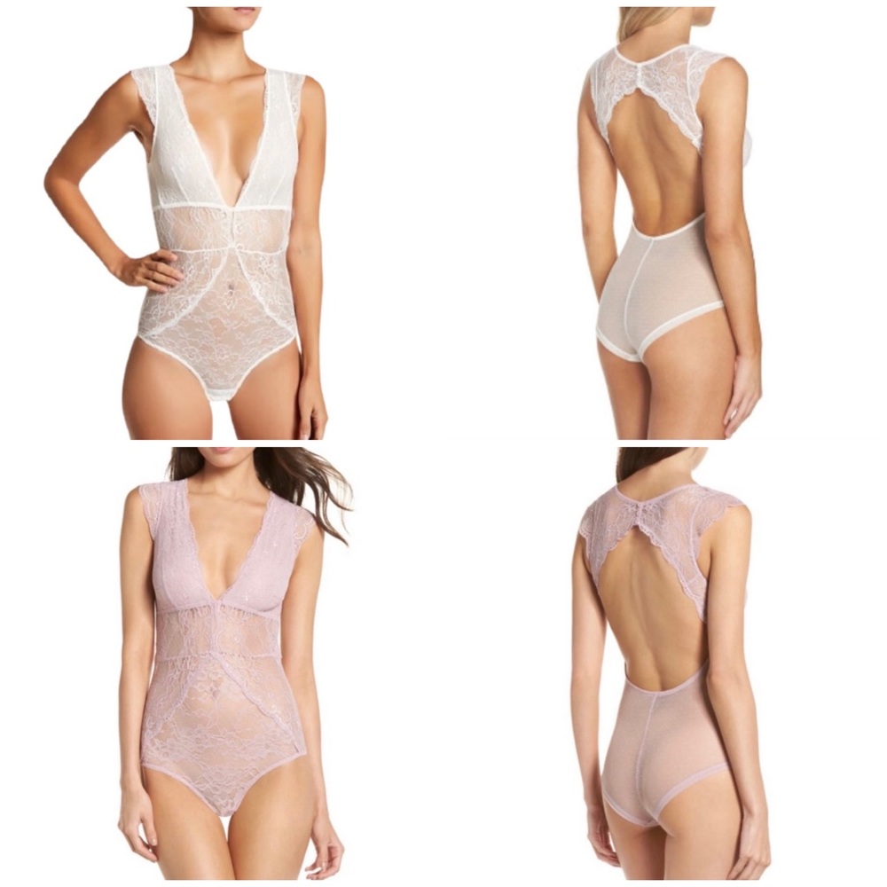 Sam Edelman Sexy Lace Dawn Bodysuit Teddy in Dawn Pink & Antique White Colors
